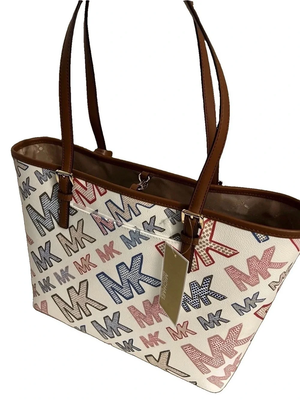 Michael Kors White Multi MK Logo Tote with Brown Trim